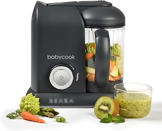 BEABA Babycook Solo 4 in 1 Baby Food Maker, Puree Steamer and Blender for Purees, Grinder with Auto Steam Cooking, Lrg Capacity 1,100 mL/ 37 oz, 27 Servings in 20 Mins, (Charcoal)
