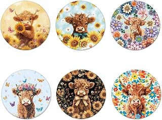 Set of 6 Coasters Round Absorbent Coasters with Non-Slip Backing Sunflower Bohemian Cow Highland
