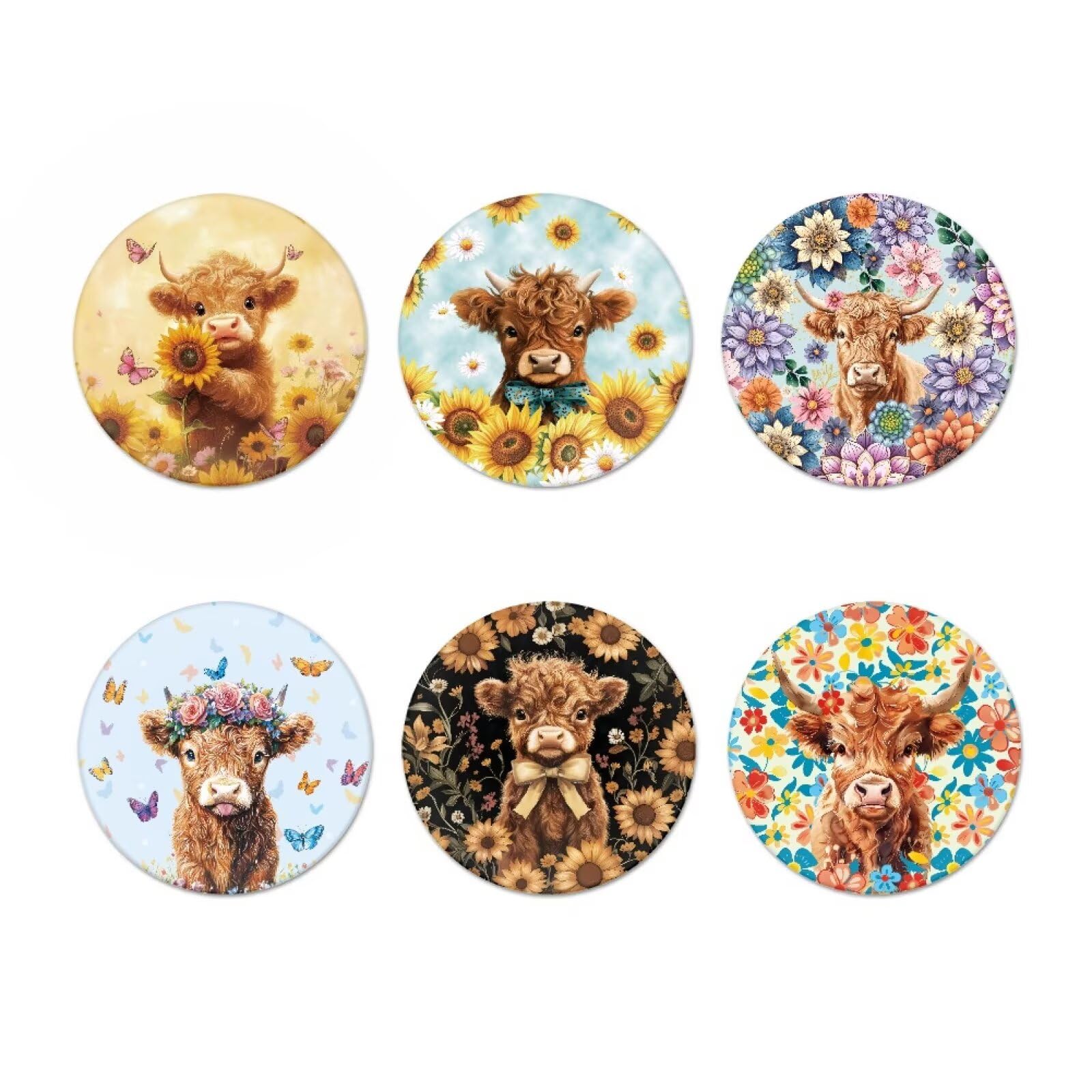 Set of 6 Coasters Round Absorbent Coasters with Non-Slip Backing Sunflower Bohem