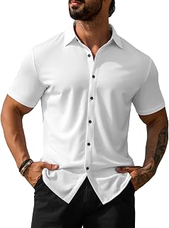 URRU Men's Muscle Dress Shirts Short Sleeve Stretch Casual Button Down Shirts Wrinkle Free Slim Fit Dress Shirt for Men