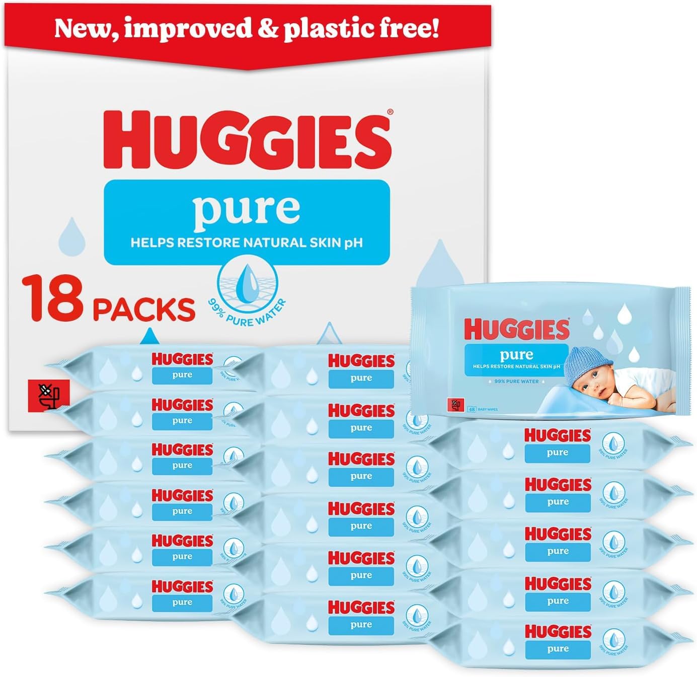 Huggies Pure Plastic Free Baby Wipes - Pack of 18 (864 Wipes) - 99% Water Wet Wi