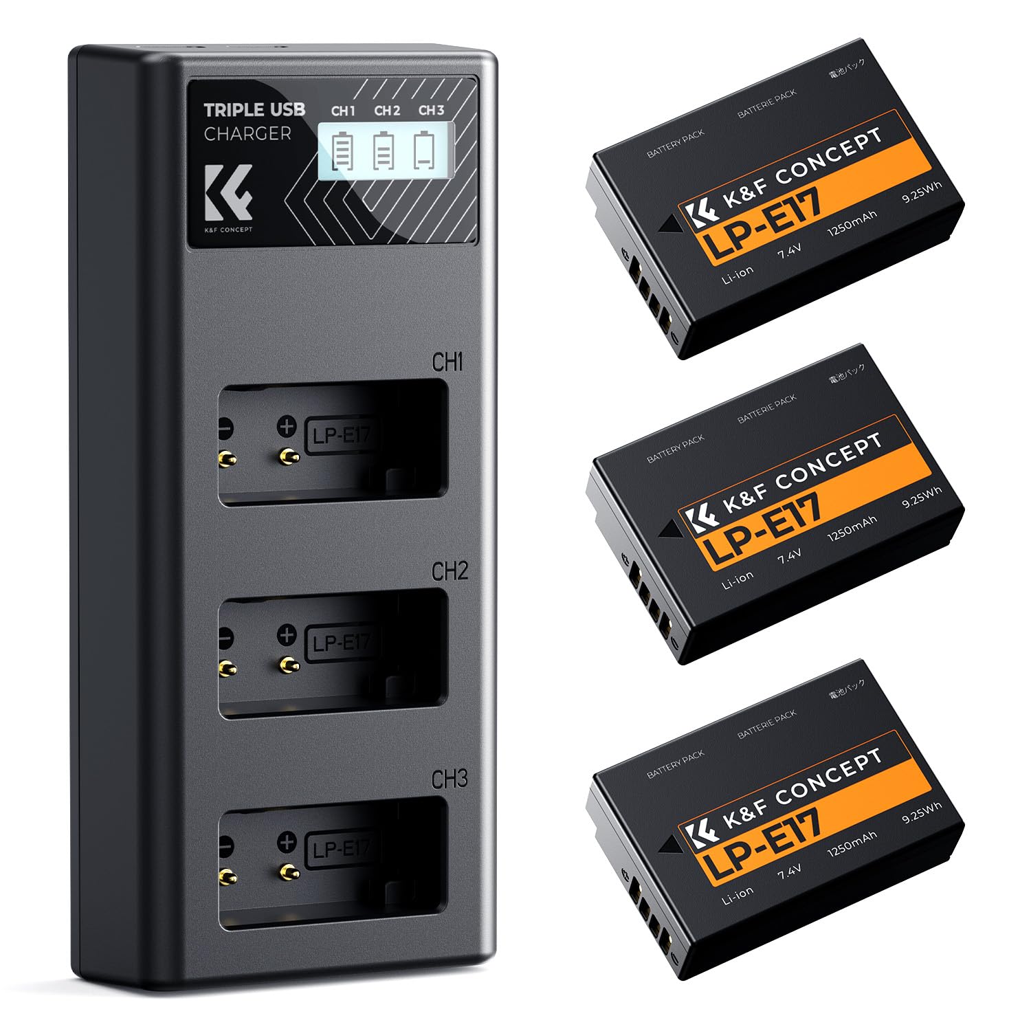 K&F CONCEPT 3-Pack LP-E17 Battery and Upgraded 3-Slot LCD Charger Compatible wit