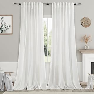 Off White Linen Semi Sheer Curtains 102" Long for Living Room Sliding Glass Door Back Tab Coastal Decor Modern Rustic Style Home Decor 2 Panels
