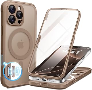 BERFY iPhone 16 Pro Max Case, MagSafe Compatible, Built-in Glass Screen Protector, Camera Protection, Full Body Shockproof Phone Case 6.9 Inch, Brown