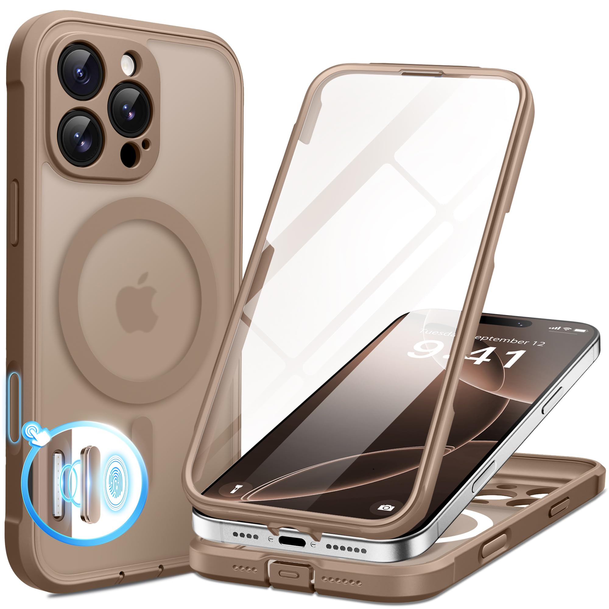 BERFY iPhone 16 Pro Max Case, MagSafe Compatible, Built-in Glass Screen Protecto