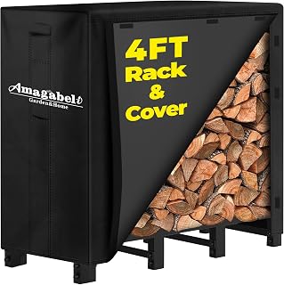 Amagabeli 4ft Firewood Log Rack with Cover Outdoor Heavy Duty Firewood Rack With Weather Resistant 600D Oxford Fabric Cover Indoor Outdoor Wood Racks for Fire Wood Holder