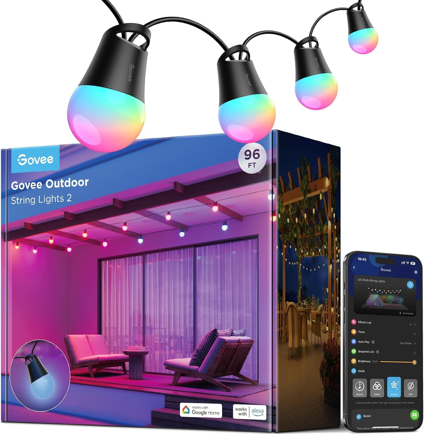 Govee Outdoor Smart String Lights2, 30M Dimmable RGBICW Outdoor Lights,IP65 | 16