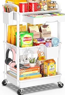 SUNALLY 3 Tier Rolling Storage Cart Organizer with Drawer Wheels, White | Three tiered utility organizing for kitchen, bedside, bathroom, dorm, classroom, art, craft, snack, makeup, lash, nail, baby