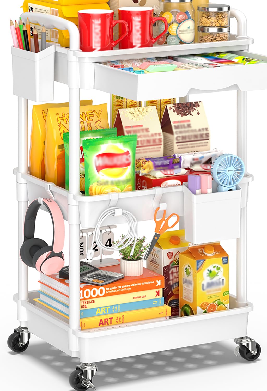 SUNALLY 3 Tier Rolling Storage Cart Organizer with Drawer Wheels, White | Three 