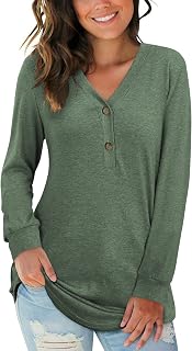 AUSELILY Women's Long Sleeve Henley Top Blouse V-Neck Button Thin Pullover