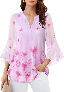 Lotusmile Women Elegant 3/4 Sleeve V Neck Blouse Casual Work Evening Party Blouse