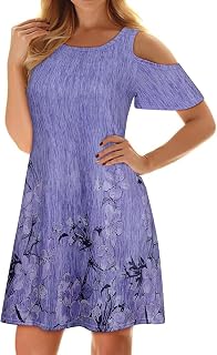 Misyula Style Womens Summer Cold Shoulder Floral T-Shirt Dress with Pockets