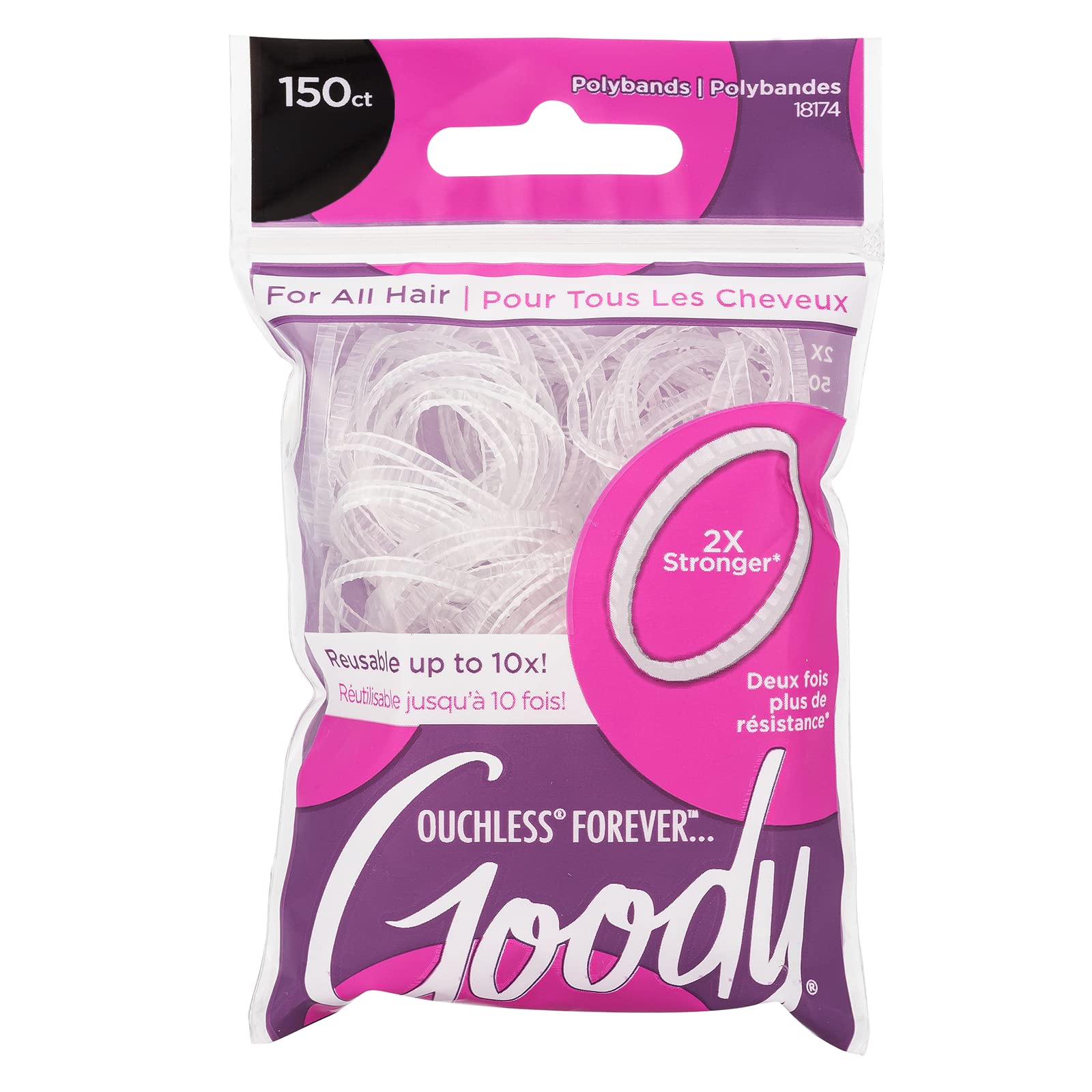 Goody Ouchless Forever Polyband Hair Ties, 150 Ct, Clear, Elastic Bands, Easy Gl