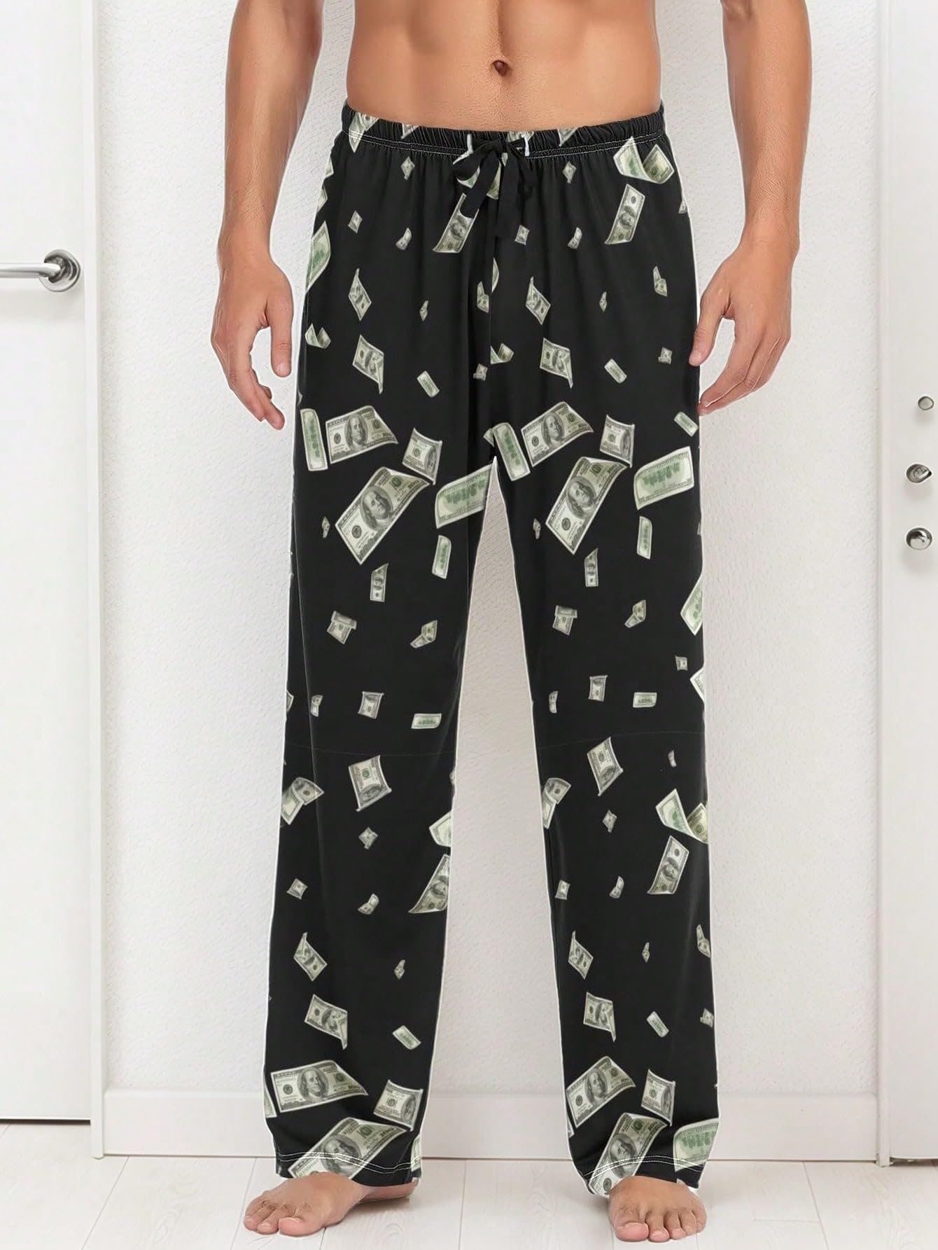 Mens Black Cat Print Pajama Pants Lounge Pants Drawstring Elastic Waist Sleepwea
