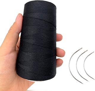 Atimiaza Thick Polyester Thread for Wig Making & Hair Extension Sewing, Black, 3 Pcs Curved Needles