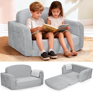 Extra Wide 2 in 1 Convertible Toddler Kids Couch - Corduroy Fold Out Kids Sofa Chair with Blanket, Comfy Comfortable Toddler Chair, Machine-Washable Cover, for Boys Girls, Grey