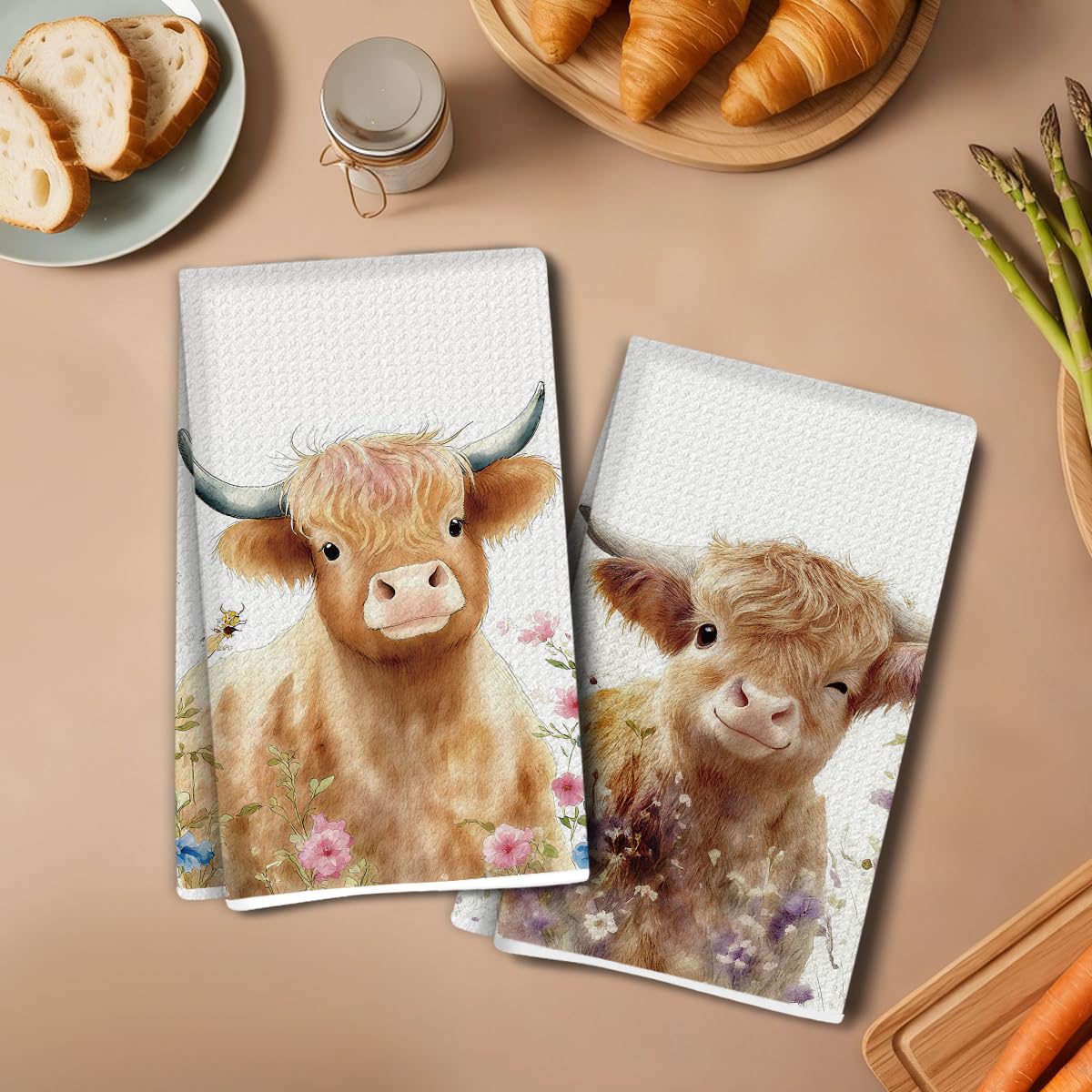 2 Pieces Cute Highland Cow Rustic Kitchen Towels 24x14 Inch Vintage Flowers Butt