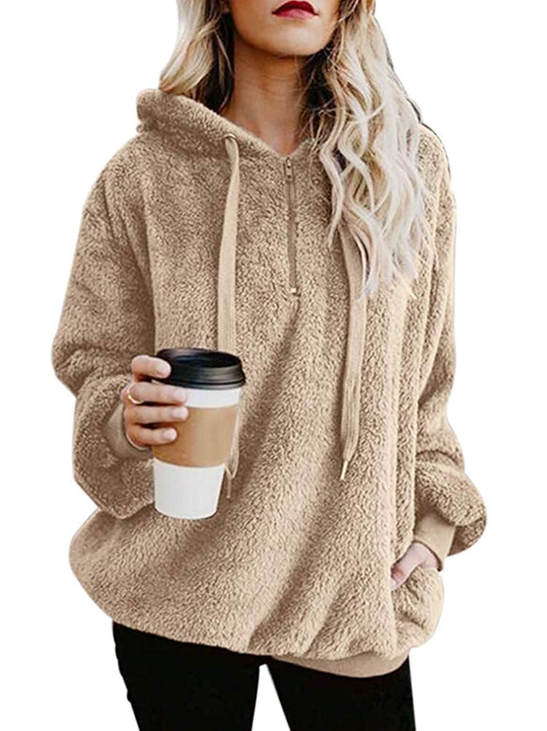 ReachMe Womens Oversized Sherpa Hoodie Pullover Fleece Sweatshirt