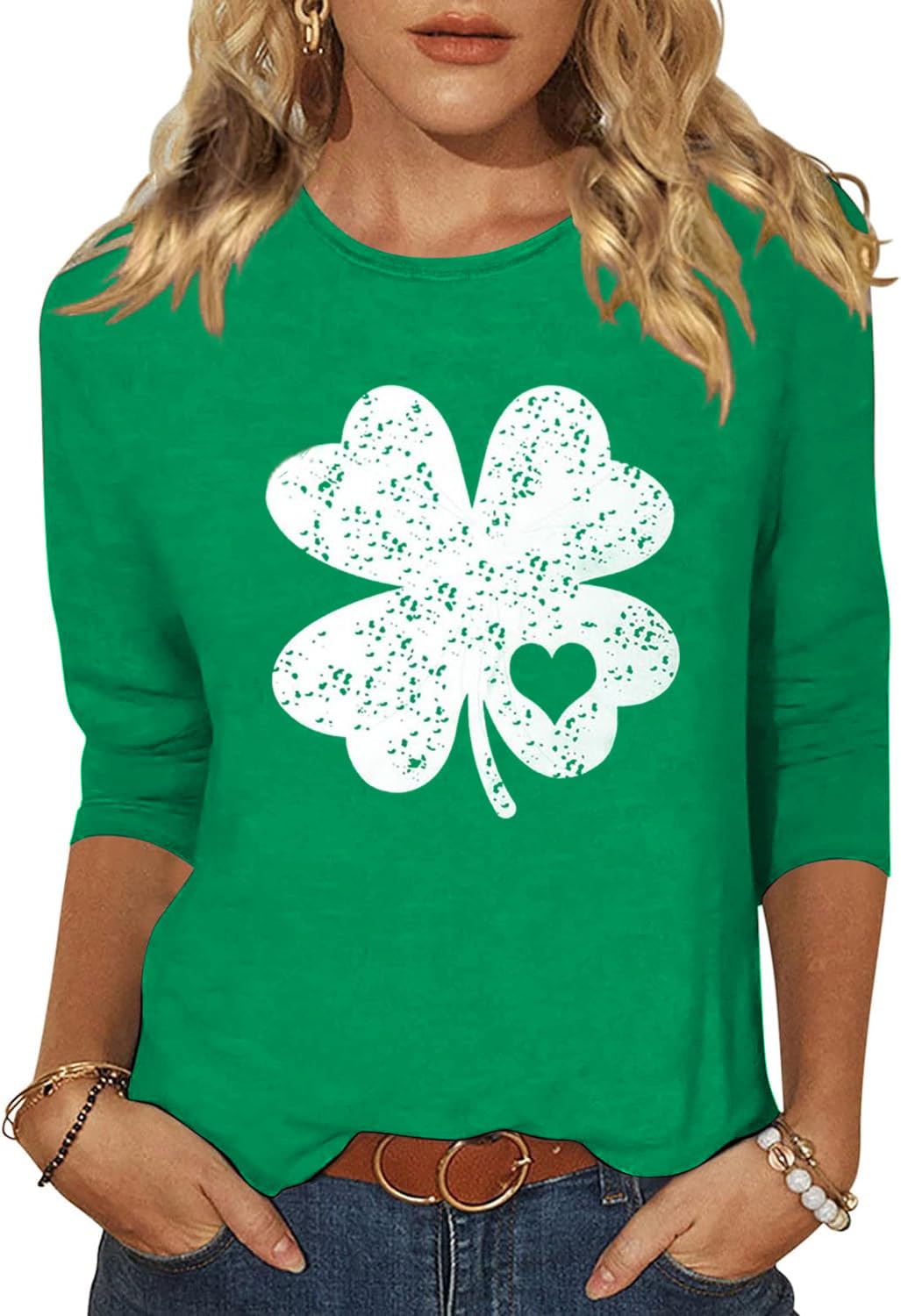 Woffccrd Womens 3/4 Sleeve St. Patrick's Day T-Shirts Crew Neck Spring Graphic T