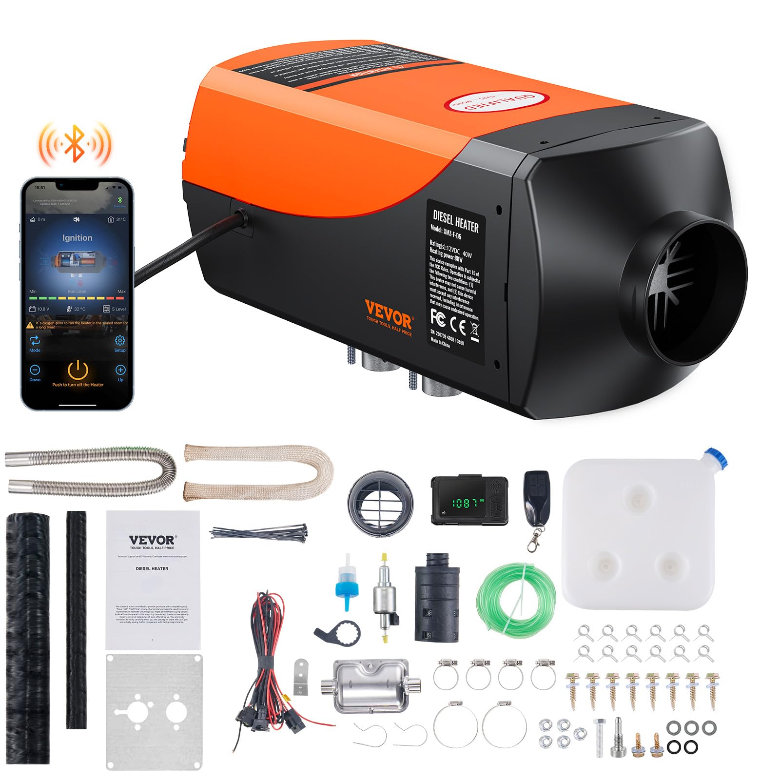 VEVOR Diesel Air Heater 12V 8kW Consumption 0.16-0.62L/H Desktop Heating 8~36°C 
