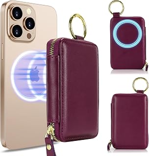 Compatible with MagSafe Wallet,Magnetic Phone Wallet Card Holder for iPhone 18/17/16 Pro Max/15 plus/14 Pro/13/12 Series,PU Leather Zipper Pocket Adjustable Stand-Rose red