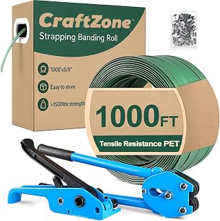 Banding Strapping Kit, Pallet Strapping Kit, Packaging Banding Tool with 5/8" Width, 1000' Length Polyester Strapping Coil Roll and Dispenser Box – Heavy Duty Certified 1200 lbs Break (Green+Blue)