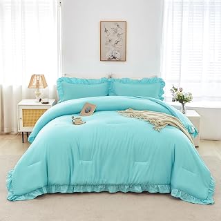 ANGIYUIN Set di biancheria da letto con volant, 5 pezzi, per letto matrimoniale queen size, con volant, tinta unita, elegante, in una borsa, per ragazze e donne (Aqua Blue Queen)
