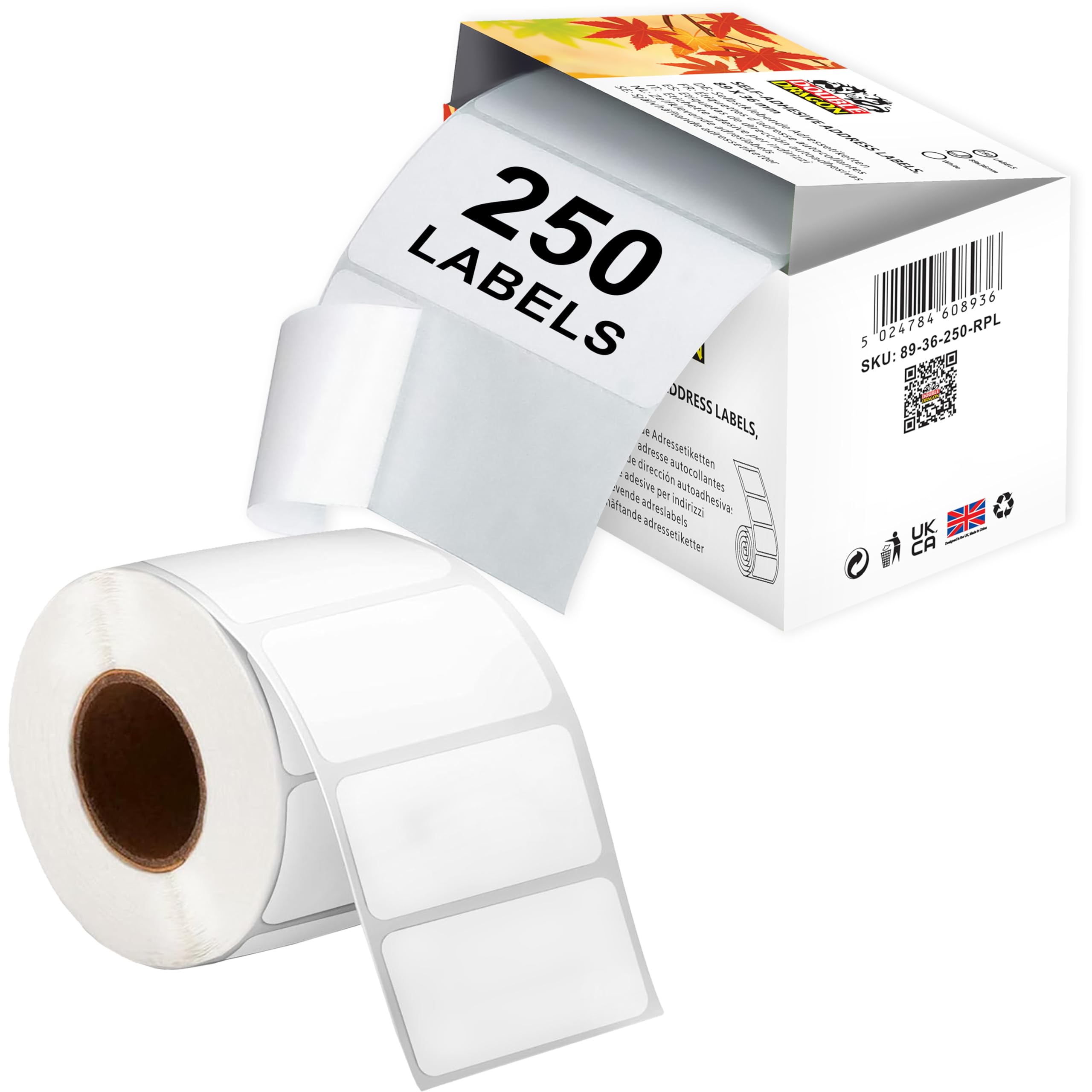 Double Dragon Address Labels | 250 Labels/Roll | 89mm x 36mm | Self-Adhesive Whi