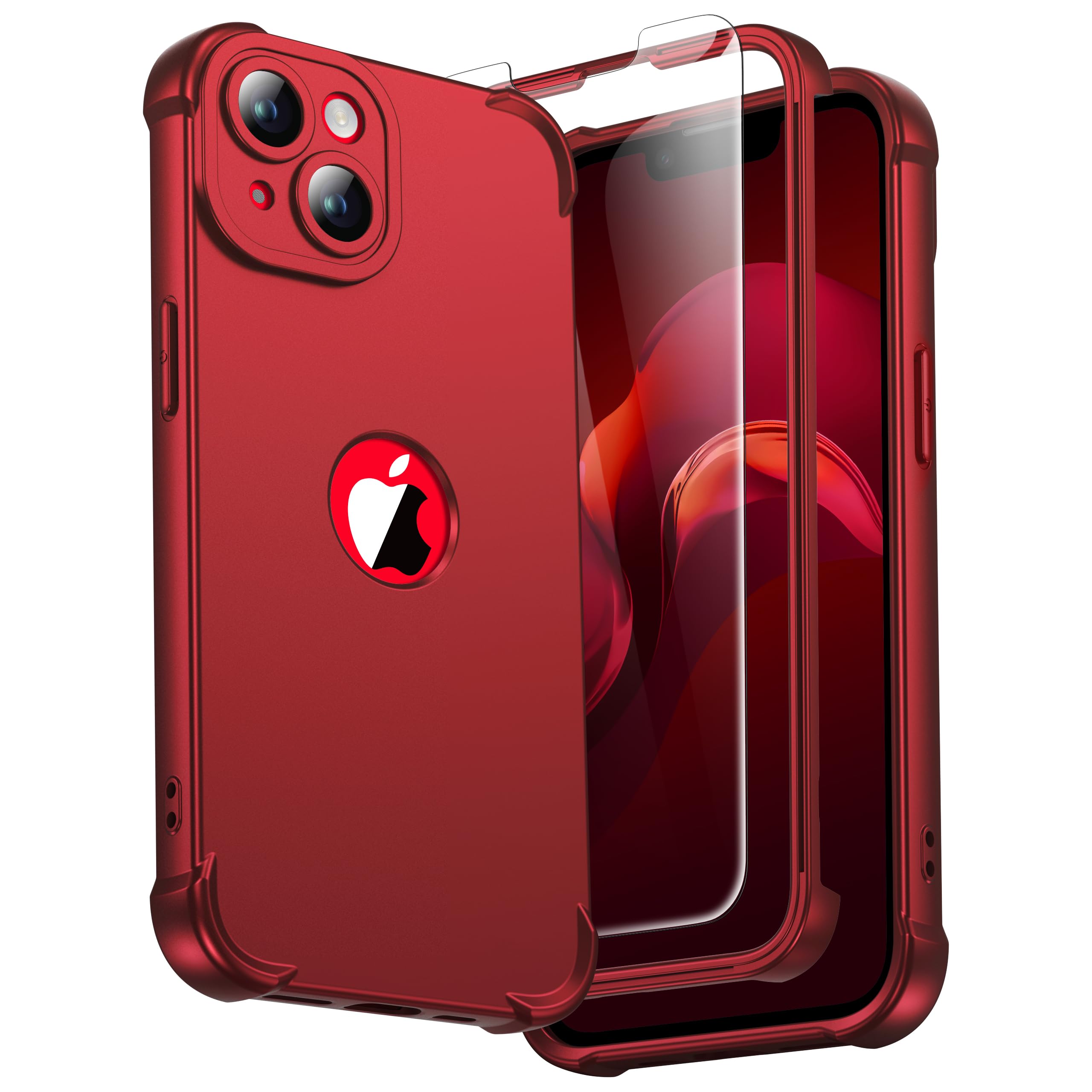 ORETECH 3 in 1 for iPhone 14 Case with 2X 9H Screen Protector, Red | Full Body S
