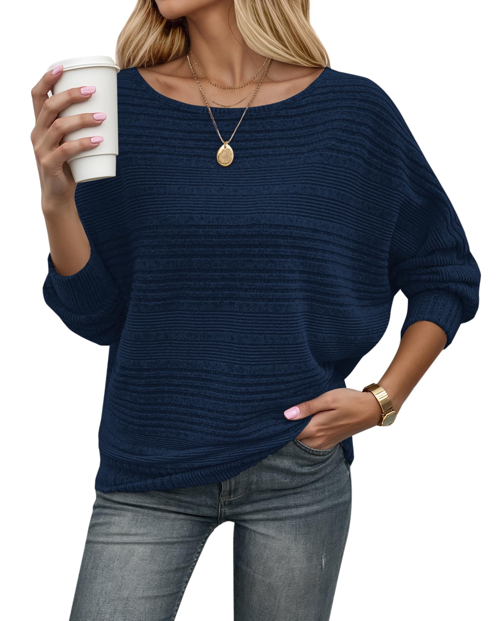 WNEEDU Women's Autumn Winter Thin Knitted Striped Sweater Elegant