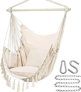 Y- STOP Hammock Chair Hanging Rope Swing, Max 500 Lbs, 2 Cushions Included, Large Macrame Hanging Chair with Pocket for Superior Comfort, with Hardware Kit (Beige)
