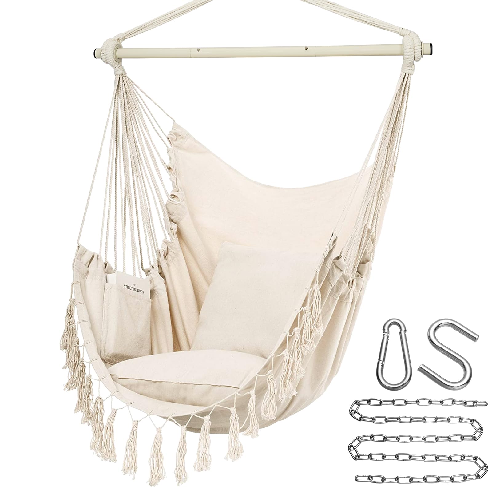 Y- STOP Hammock Chair Hanging Rope Swing, Max 500 Lbs, 2 Cushions Included, Larg