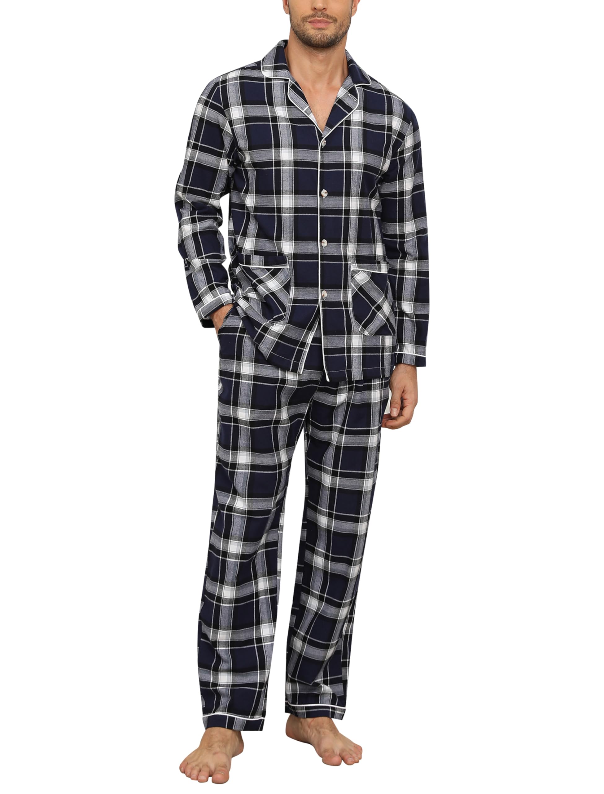 MoFiz Men's Pyjamas Long Cotton Winter Pyjamas with Buttons Long Sleeves Pajamas