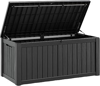 Fancyango 180 Gallon Large Outdoor Storage Deck Box Waterproof, Black | Resin Patio Storage Bench Lockable for Garden Tools, Cushion, Outside Porch Chest