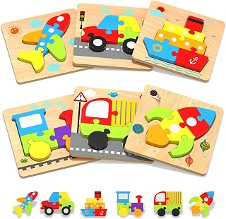 Wooden Puzzles Gifts Montessori Toys for 1 2 3 Years Old Boys Girls | 6 Vehicle Shape Puzzles, Boy Birthday Gift, Montessori Toys Educational Blocks for 1-3, 2-4, Learning Toys