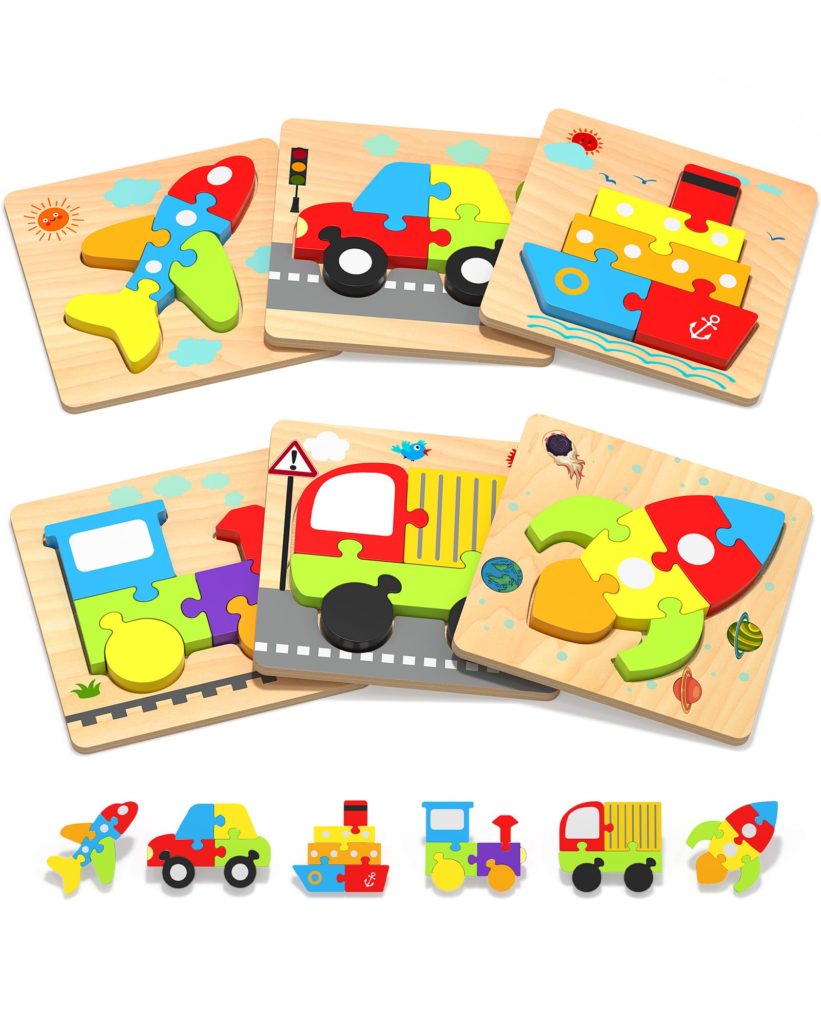 Wooden Puzzles Gifts Montessori Toys for 1 2 3 Years Old Boys Girls | 6 Vehicle 