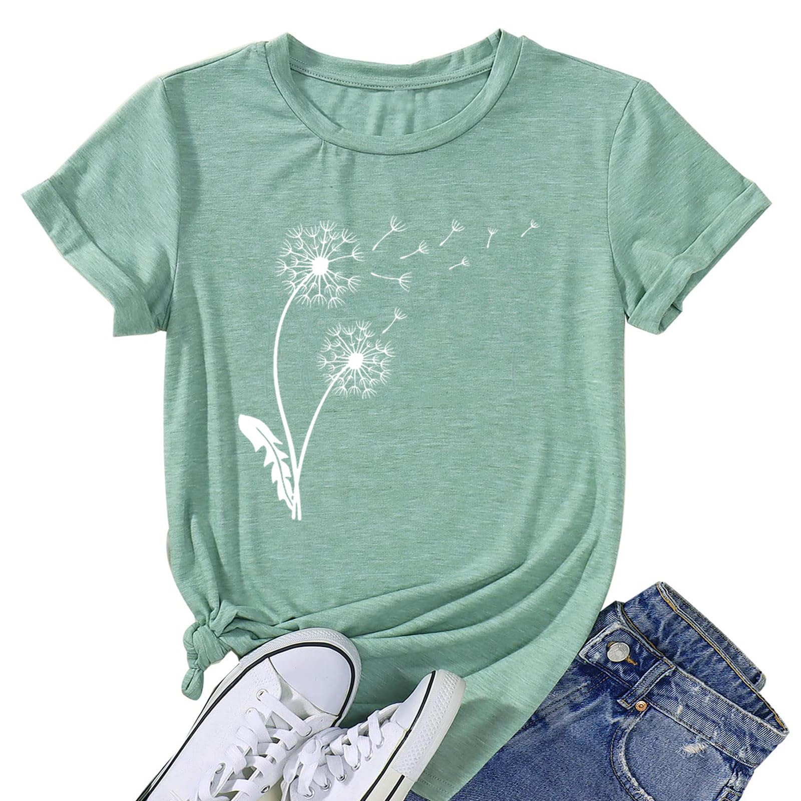 Womens Dandelion T Shirts Sunflower Graphic Short Sleeve Casual Tops