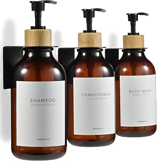 MaisoNovo Shampoo and Conditioner Dispenser|Refillable Amber Bamboo 3-Pack