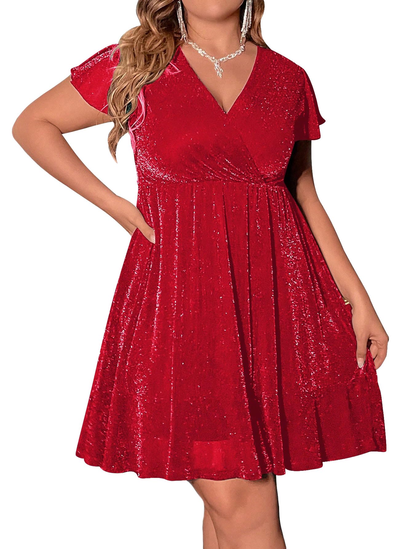 Floerns Women's Plus Size Glitter Wrap V Neck Short Sleeve Party A Line Dress