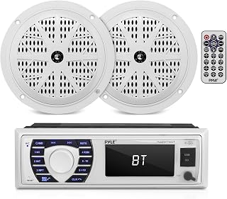 Pyle Marine Receiver & Speaker Kit - In-Dash LCD Digital Stereo Built-in Bluetooth & Microphone w/ AM FM Radio System 5.25’’ Waterproof Speakers (2) MP3/USB/SD Readers & Remote Control - PLMRKT36WT