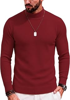 COOFANDY Suéter de cuello alto para hombre Slim Fit Mock Suéter casual básico de punto térmicos, rojo vino, Large