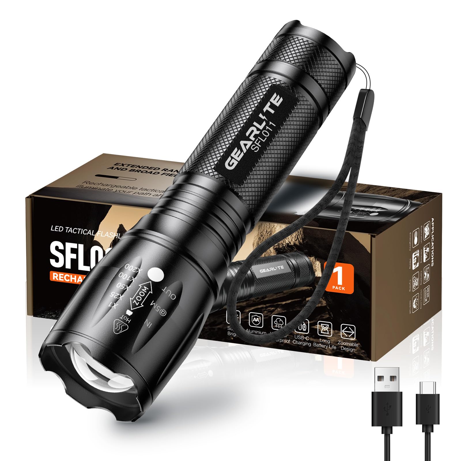 GEARLITE Torch Rechargeable, 2000LM Zoomable Rechargeable Torch with 3 Modes, Lo