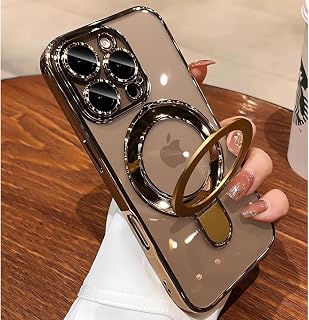 Magnetic Case for iPhone 16 Pro Case Stand & Ring Holder Compatible with MagSafe Built-in Camera Lens Protector Shockproof Phone Case for iPhone 16 Pro 6.3" - Gold