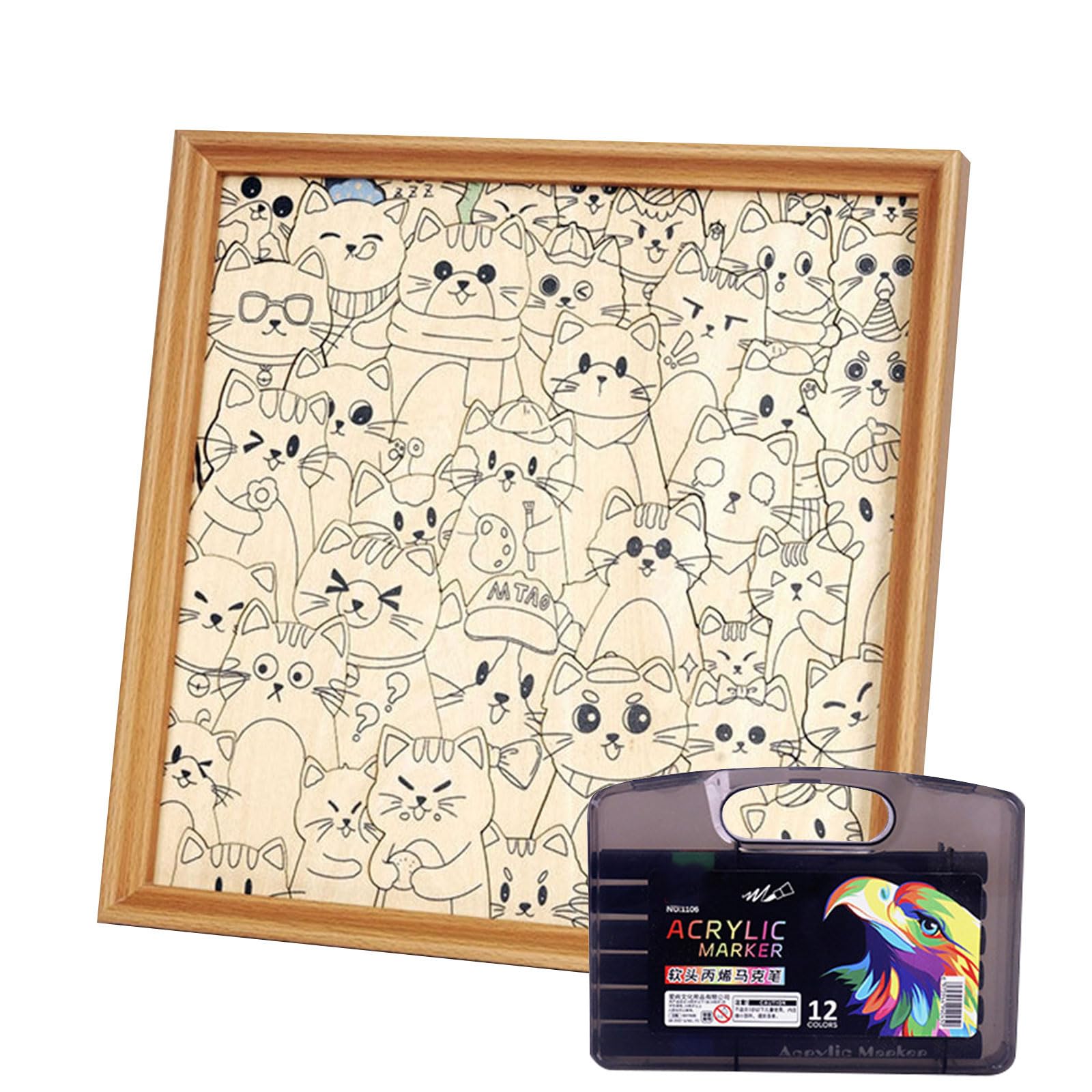 Cats Shaped Wooden Coloring Puzzle Set with Photo, 12 Colors | Builds Into Frame