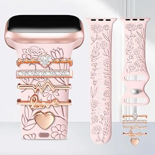 Soft Silicone Watch Band with Flower Engraving Compatible with Apple Watch 38mm 40mm 41mm 42mm 44mm 45mm 46mm 49mm Elegant iWatch Band with Charms Decorative