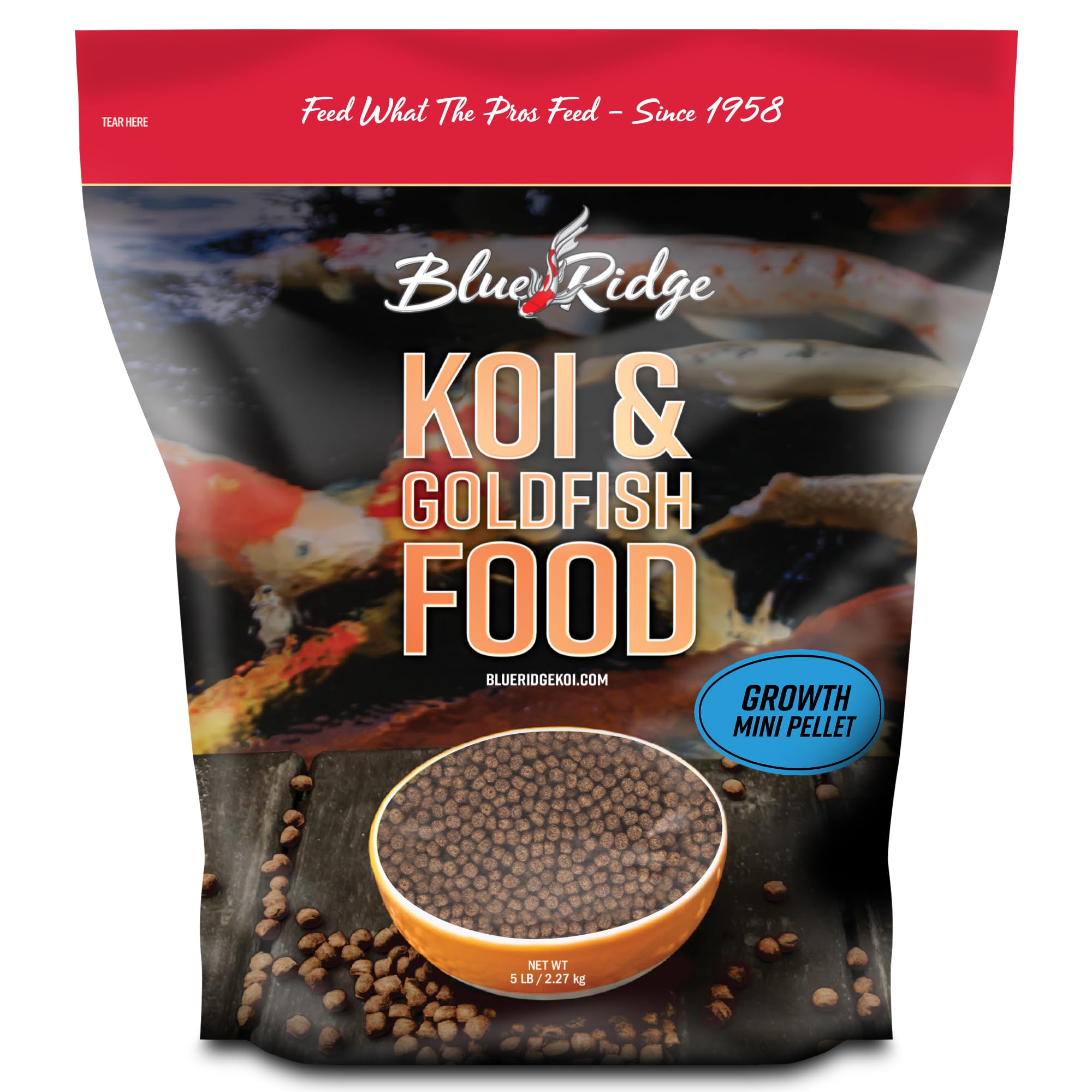 Blue Ridge Koi Fish Food, Growth Formula Mini, 1/8" Pellets, 5 lb | 36% Protein 