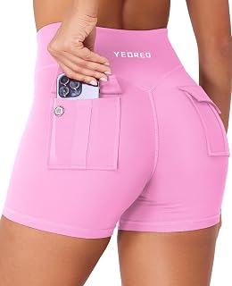 YEOREO CoreFlex カーゴポケットワークアウトショーツ 女性用 スクランチジッパー 3.6インチ ハイウエスト ヨガジムショーツ