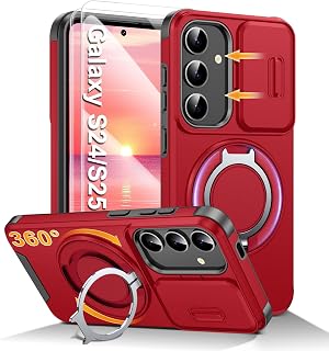 Pilaru for Samsung S24/S25 Case, with Sliding Camera Cover & Stand, Red