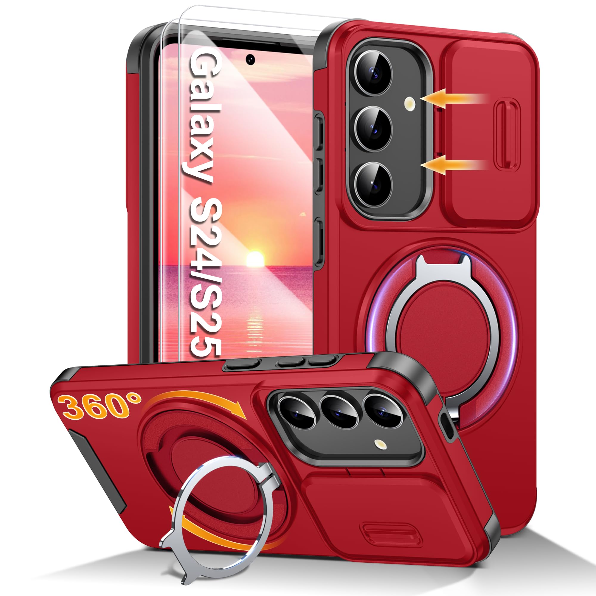 Pilaru for Samsung S24/S25 Case, with Sliding Camera Cover & Stand, Red