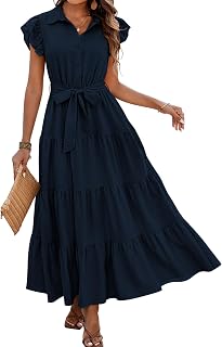 dowerme Women Ruffle Sleeve Button Belted Boho Maxi Dress